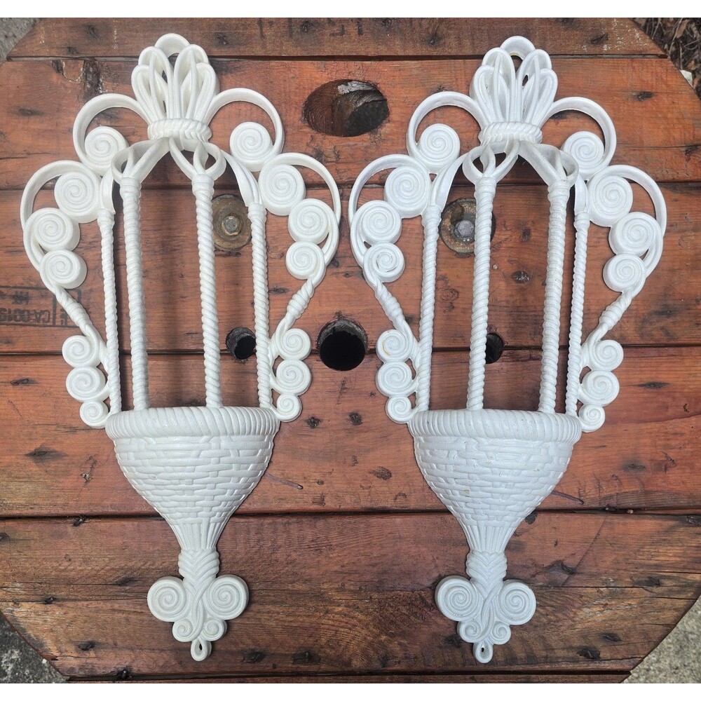 Pair Burwood White Faux Wicker Basket Wall Pocket Planters Vintage 1970s